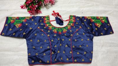 Blue Flower Non Raw Silk Pad Readymade Blouse