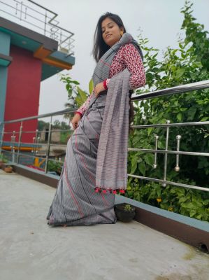Gray Pure Handloom Kantha Stitch Cotton Saree From Bengal
