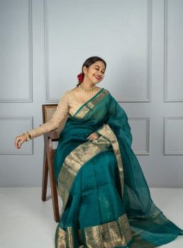 Teal Green Plain Body Pure Handloom Organza Saree