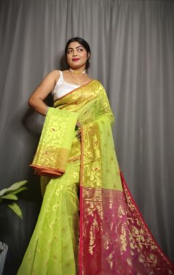 Parrot Green Pure Handloom Dhakai Jamdani Saree From Bengal
