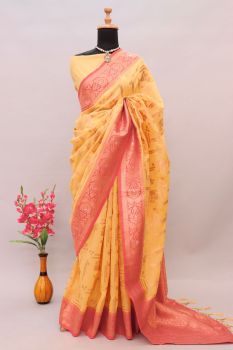 Yellow Pink Butta Zari Work Cotton Silk Saree