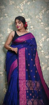 Indigo Blue Pure Handloom Banarasi Cotton Saree From Bengal