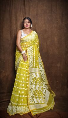 Yellow Pure Handloom Dhakai Jamdani Saree From Bengal