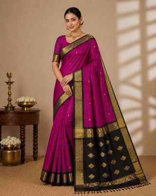 Pink Black Pure Handloom Maheshwari Silk Cotton Saree From Bengal