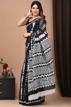 Black Hand Block Cotton Pure Handloom Printed Design Saree