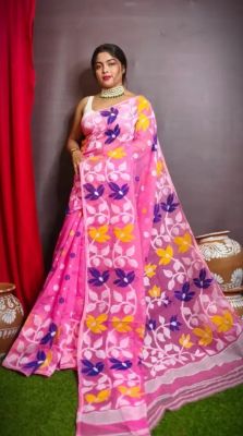 Dark Pink Pure Handloom Dhakai Jamdan Saree From Bengal