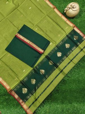 Parrot Green Pure Handloom Maheshwari Silk Cotton Saree From Bengal