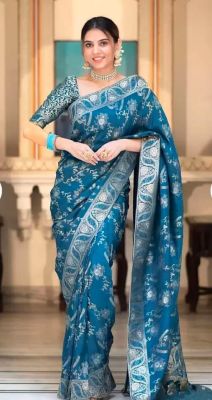 Teal Pure Handloom Embellished Silk Saree From Banaras