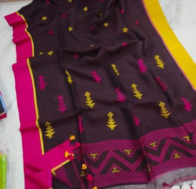 Black Pure Handloom Linen By Linen Saree From Bengal