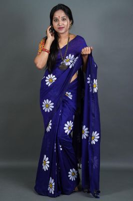 Navy Blue Pure Handloom Cotton Saree From Bengal