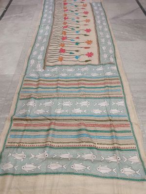 Gray Pure Handloom Kantha Silk Saree From Bengal