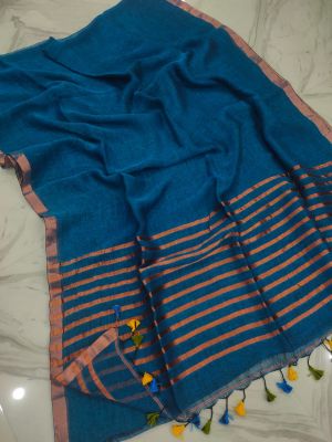 Teal Pure Handloom Linen By Linen Saree From Bengal