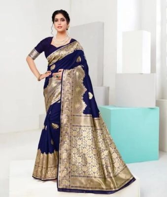 Navy Blue Pure Handloom Banarasi Silk Cotton Saree From Banaras