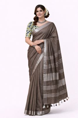 Ash Women's Graceful Pure Linen Saree–Traditional Handloom