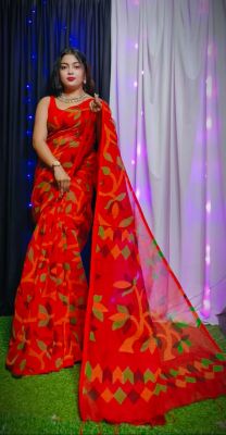 Red Pure Handloom Dhakai Jamdani Saree From Bengal