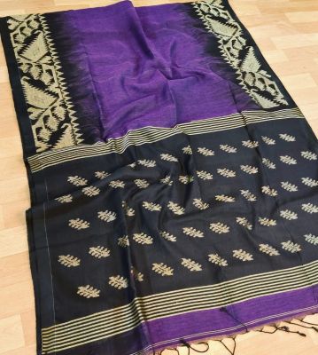 Blue Black Pure Handloom Linen By Linen Saree From Bengal