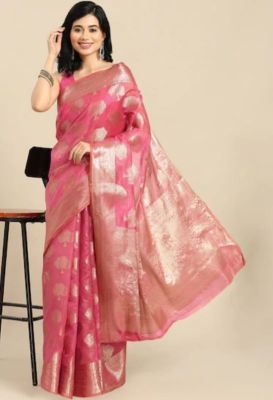 Rose Pink Pure Handloom Silk Saree From Banaras