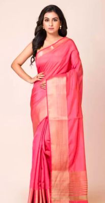 Coral Pink Pure Handloom Art Silk Saree From Banaras