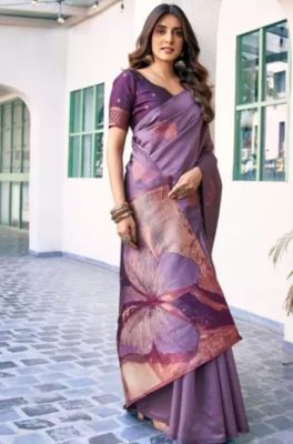 Lavender Pure Handloom Banarasi Silk Saree From Banaras