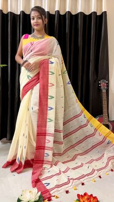 Off White Pure Handloom Silk Cotton Saree From Bengal