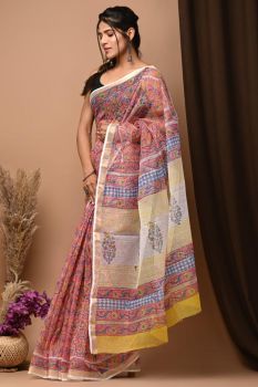 Deep Chestnut Kota Doriya Printed Leaf Design Saree