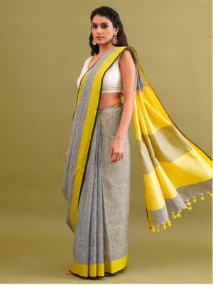 Brown Pure Handloom Linen Saree From Bhagalpur