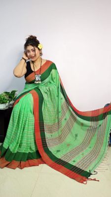 Fern Green Pure Handloom Cotton Saree From Bengal
