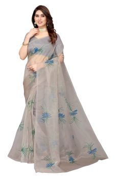 Gray Organza Hand Painted Floral Pattern Saree