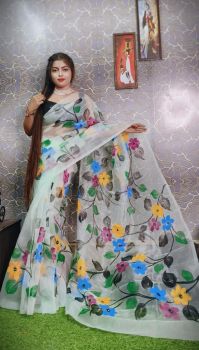 Off White Hand Printed Pure Handloom Organza Saree