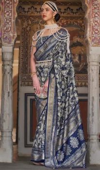 Navy Blue Flower Design Handloom Banarasi Silk Saree From Banaras