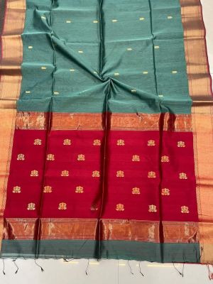Greyish Teal Pure Handloom Maheshwari Silk Saree From Bengal