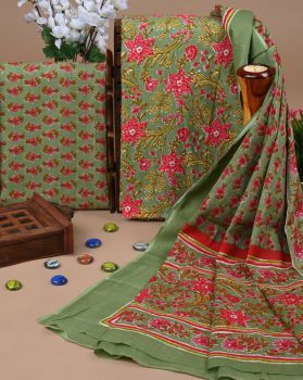 Muddy Green Pure Handloom Suit With Cotton Dupatta
