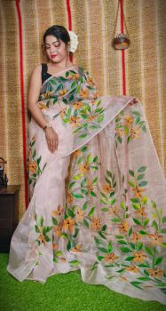 White Hand Printed Pure Handloom Organza Saree