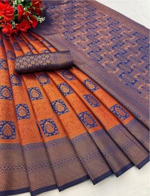 Sunrise Orange Pure Handloom Silk Cotton Saree From Banaras