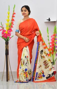 Brick Red Pure Handloom Khesh Cotton Saree From Bengal