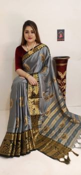Grey Leaf Design Embroidery Work Cotton Silk Saree