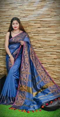 Bright Blue Pure Handloom Dhakai Jamdani Saree from Bengal