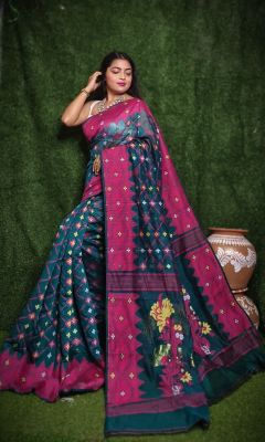 Dark Teal Green Pure Handloom Dhakai Jamdani Saree From Bengal