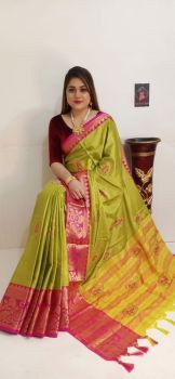 Pista Green Leaf Design Embroidery Work Cotton Silk Saree