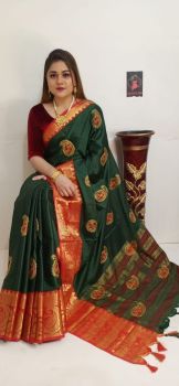 Dark Green Leaf Design Embroidery Work Cotton Silk Saree