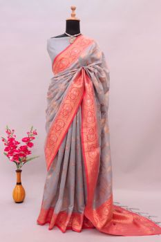 Grey Red Butta Zari Work Cotton Silk Saree