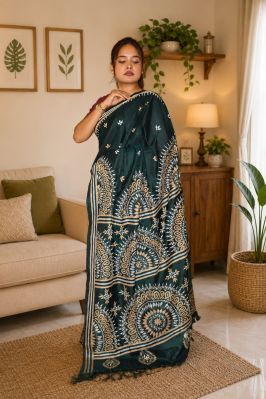 Black Pure Handloom Semi Silk Kanthastitch Saree From Bengal