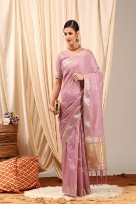 Rose Gold Pure Handloom Silk Cotton Saree From Gujarat