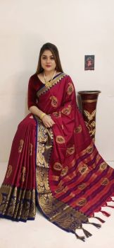 Rose Red Leaf Design Embroidery Work Cotton Silk Saree