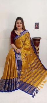 Dark Yellow  Leaf Design Embroidery Work Cotton Silk Saree