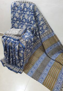 Blue Hand Block Printed Work Saree