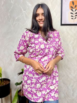 Bright Purple Pure Handloom Printed Kurti From Bengal