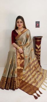 Brown Leaf Design Embroidery Work Cotton Silk Saree