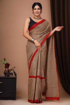 Light Maroon Hand Block Cotton Pure Handloom Printed Design Saree