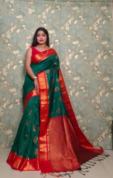 Sea Green Pure Handloom Muga Silk Saree From Bengal